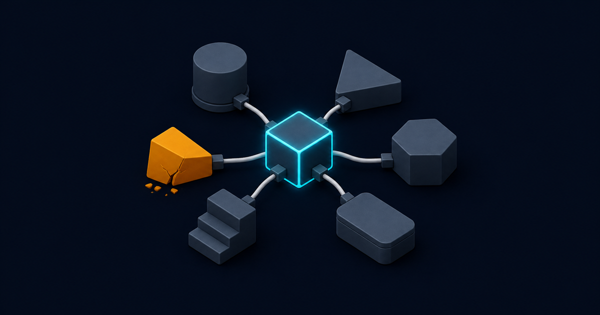 An isometric core cube surrounded by six differently shaped tool modules connected by short cables