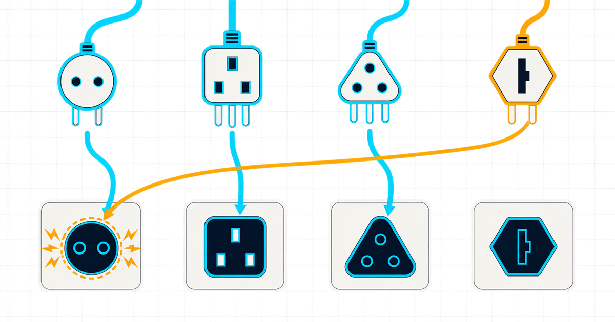 Four sockets in a row with four plugs above them, three matched in cyan and one mismatched in amber
