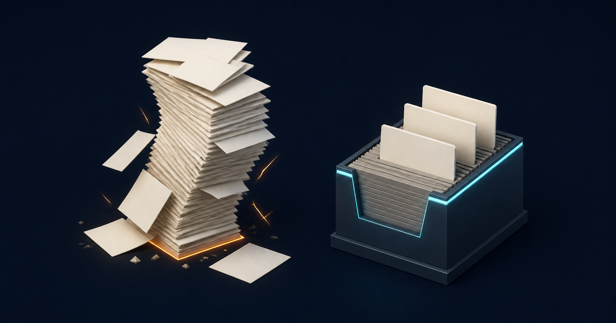 An isometric comparison: a tall unstable stack of loose sheets tipping over, beside a compact indexed card file with three cards raised