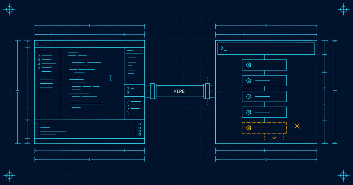 Two schematic panels side by side: an editor window subdivided into panes, and a single wide terminal band with a prompt caret and process boxes