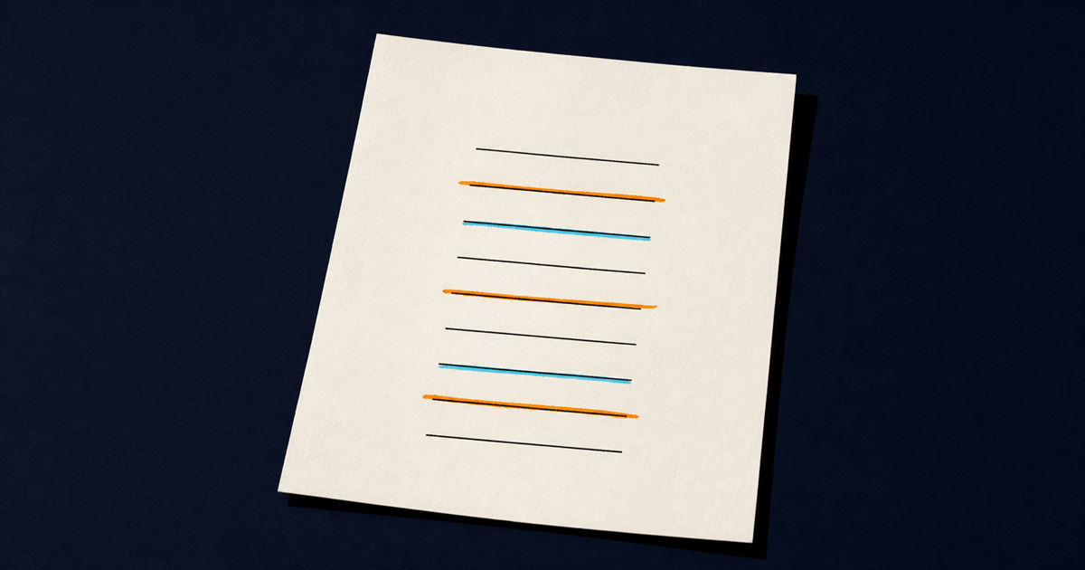 A sheet of paper printed with ruled instruction lines, three struck through in amber and two underlined in cyan