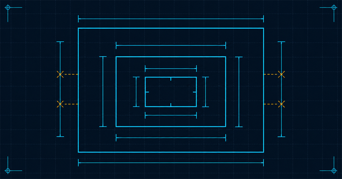 A schematic of three nested rectangles with dimension lines, and marker ticks where an inner rule overrides an outer one