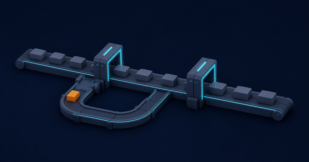An isometric conveyor carrying blocks through two inspection gates, with one block diverted onto a return loop
