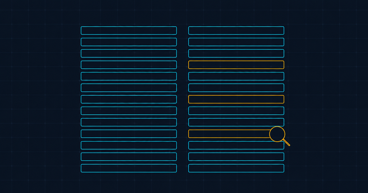An abstract code diff as two columns of horizontal bars, three unmatched bars highlighted in amber, with a magnifier outline over one