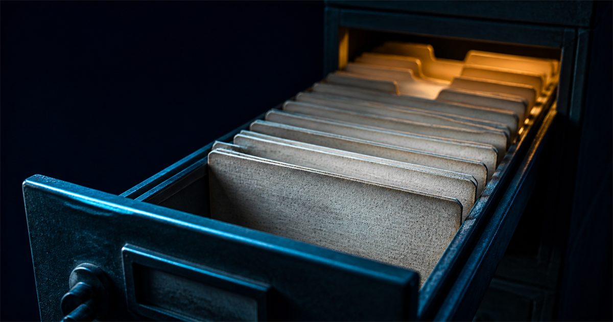 Extreme macro of an empty card-catalogue drawer pulled open, dividers visible and slots vacant, cyan light on the rails