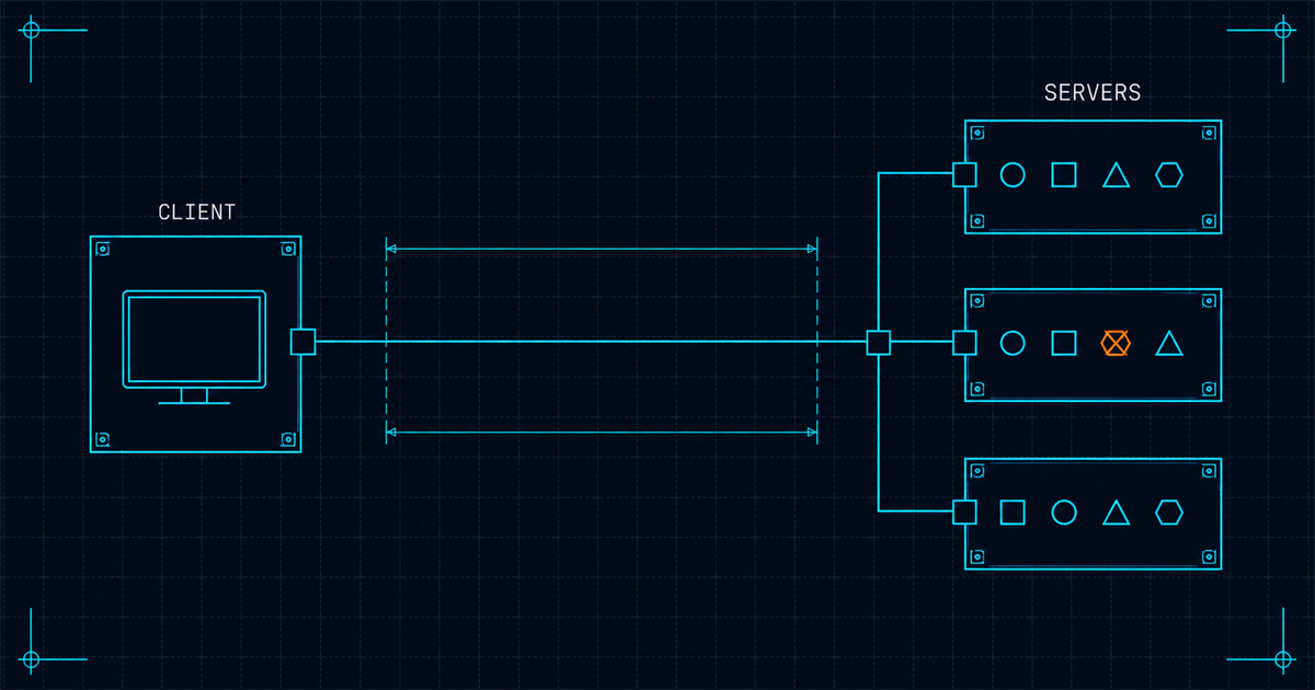 A schematic of one client node connected by a single channel to three server boxes exposing typed ports