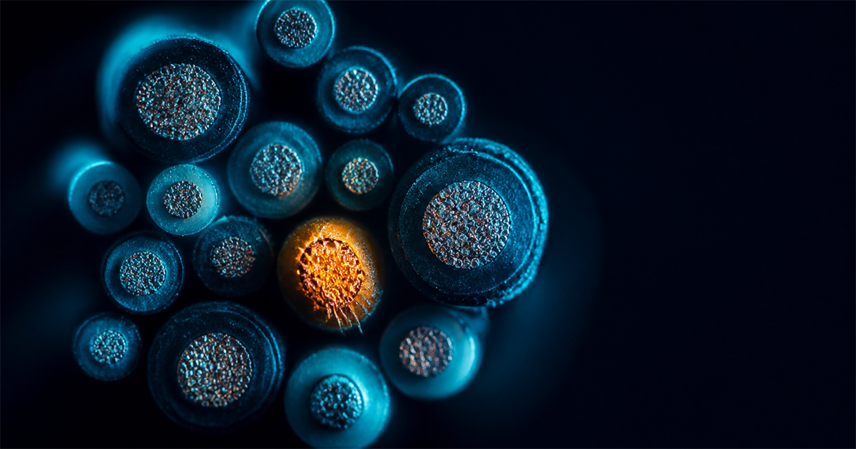 Extreme macro of a bundle of cut cable ends head-on, cyan light on the copper faces, one strand glowing amber where insulation is stripped too far
