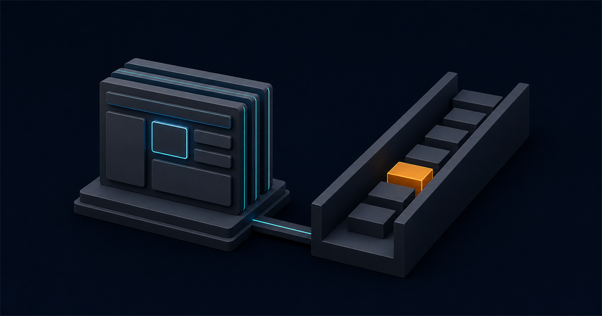 An isometric split: layered rectangular panels on the left, a single deep open channel on the right, joined by a thin bridge