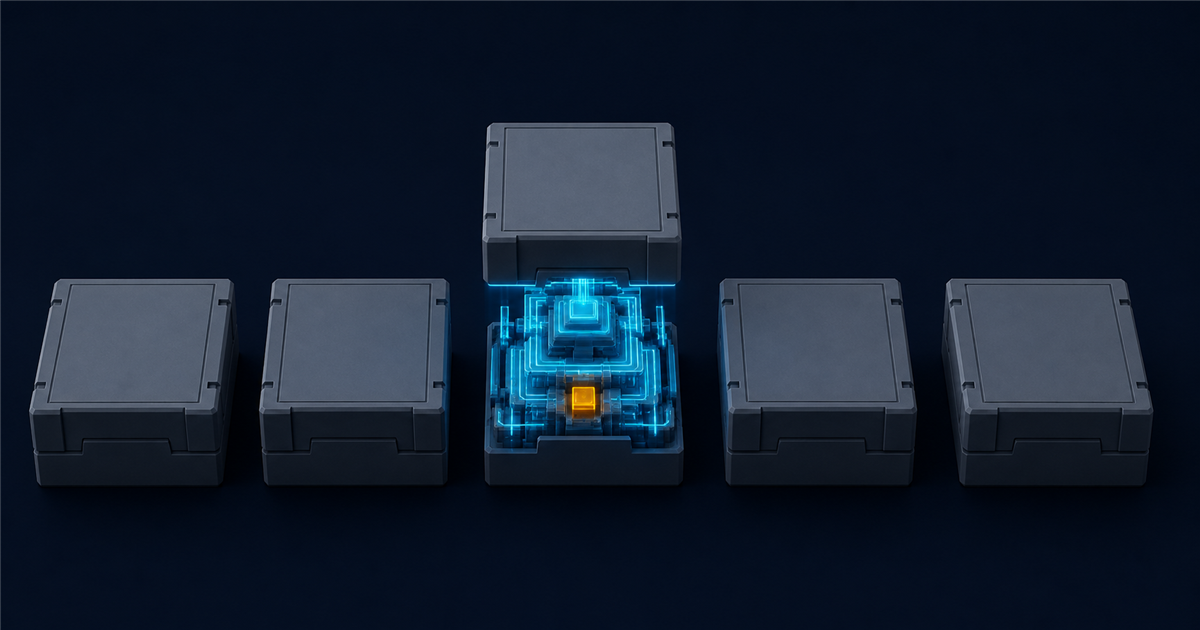 An isometric row of five identical grey boxes, one lifted to reveal a complex structured cyan interior